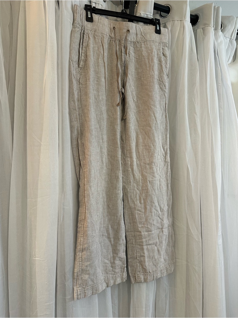 SoHo women’s Linen Drawstring Pants - Light Beige with white stripes.